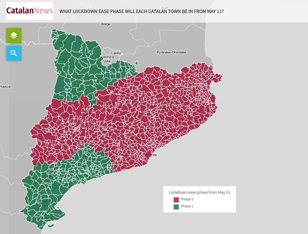 Map with the division of Catalan municipalities by lockdown ease phase from May 11 (by Guifré Jordan)